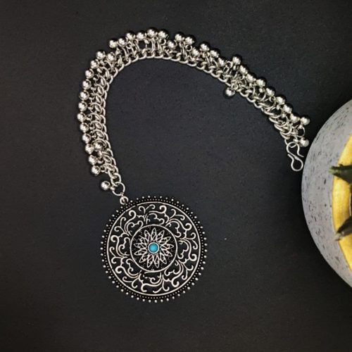 Designer Silver Plated Oxidised Round Shape Maangtika