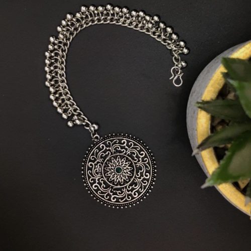 Designer Silver Plated Oxidised Round Shape Maangtika - Image 2