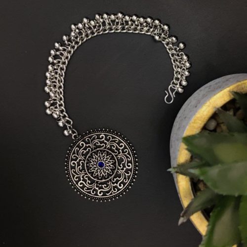 Designer Silver Plated Oxidised Round Shape Maangtika - Image 3