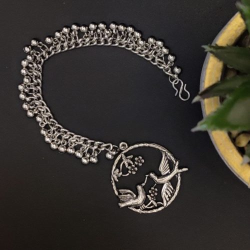 German Silver Oxidised Love Birds Maangtika