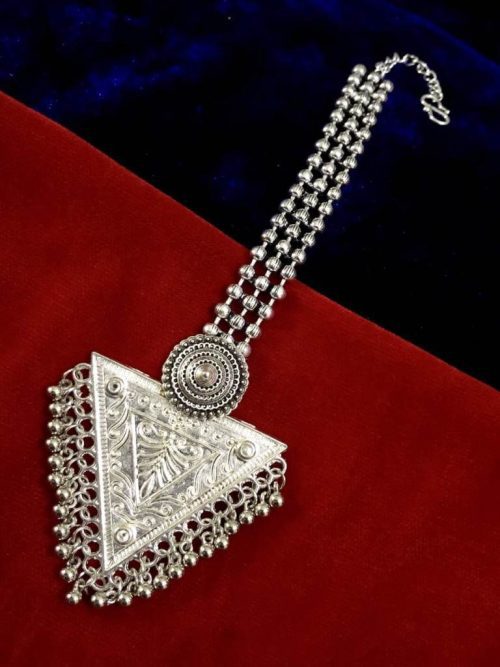 Silver Plated Oxidised Tringle Shape Maangtika