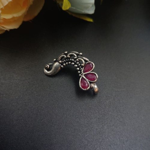 Oxidised Silver Plated Marathi Peacock Nath Press Nosepin - Image 4