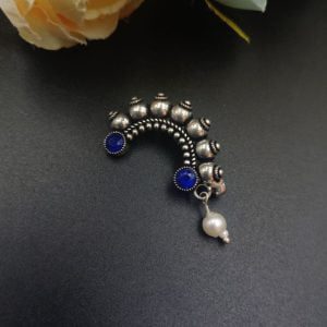 Oxidised Marathi Nath - Affordable Silver Plated Press Nosepin - Color: "Blue"