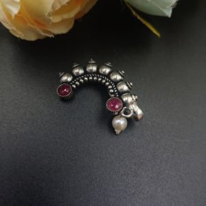 Oxidised Marathi Nath - Affordable Silver Plated Press Nosepin - Color: "Pink"