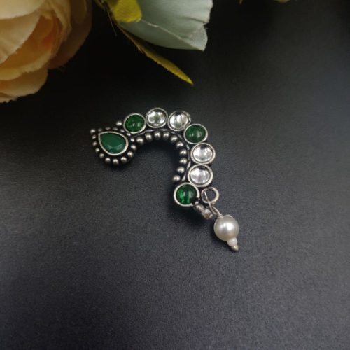 Traditional Oxidised Silver Plated Marathi Nath Press Nosepin - Image 2