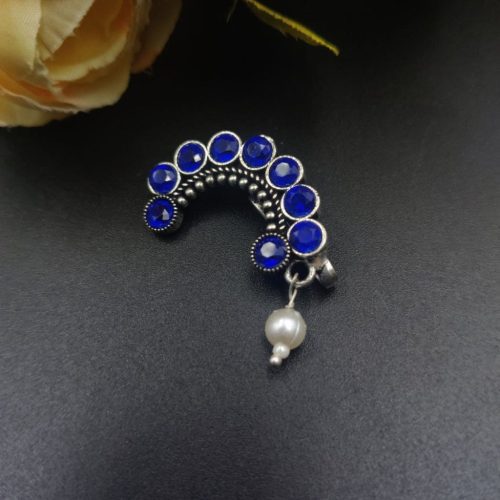 Exquisite Stone Work Oxidised Silver Plated Marathi Nath Press Nosepin - Traditional Maharashtrian Jewelry