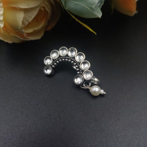 Exquisite Stone Work Oxidised Silver Plated Marathi Nath Press Nosepin - Traditional Maharashtrian Jewelry