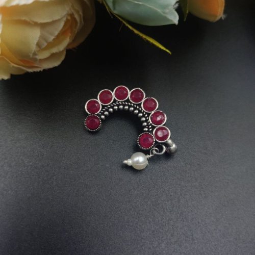 Exquisite Stone Work Oxidised Silver Plated Marathi Nath Press Nosepin - Traditional Maharashtrian Jewelry