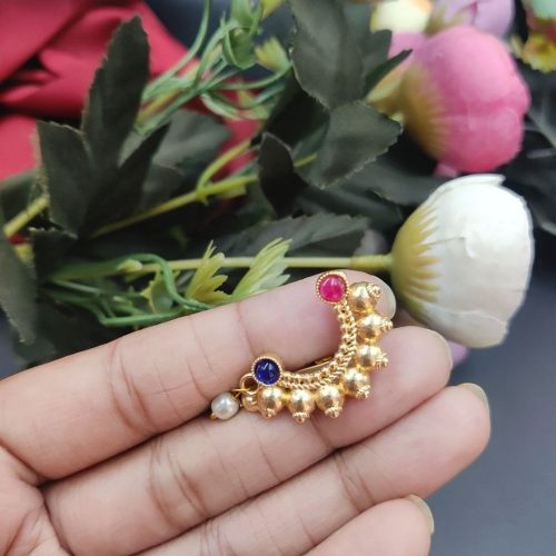 Marathi Style Stone Work Golden Nosepin For Girls - Image 9