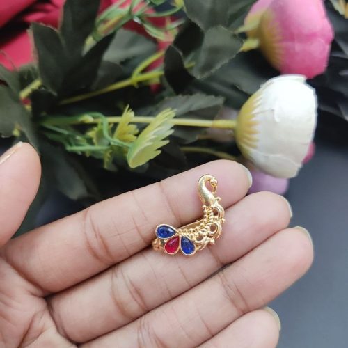 Marathi Style Golden Polish Peacock Nosepin For Girls - Image 3