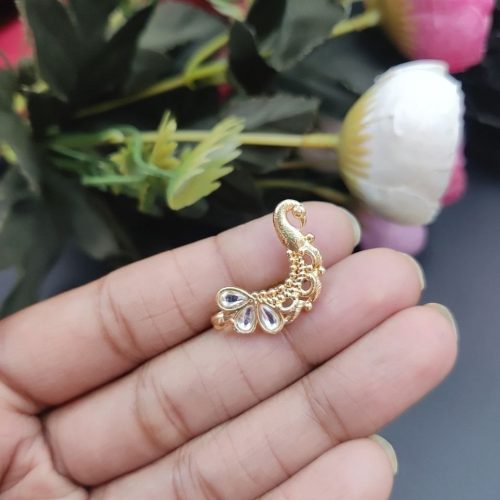 Marathi Style Golden Polish Peacock Nosepin For Girls - Image 2