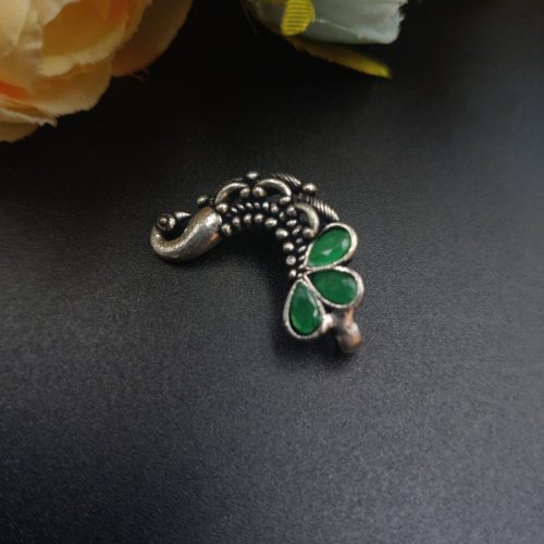 Oxidised Silver Plated Marathi Peacock Nath Press Nosepin - Image 7