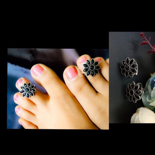 Flower Oxidised Stone Work Toe Rings for Feminine Grace - Image 2
