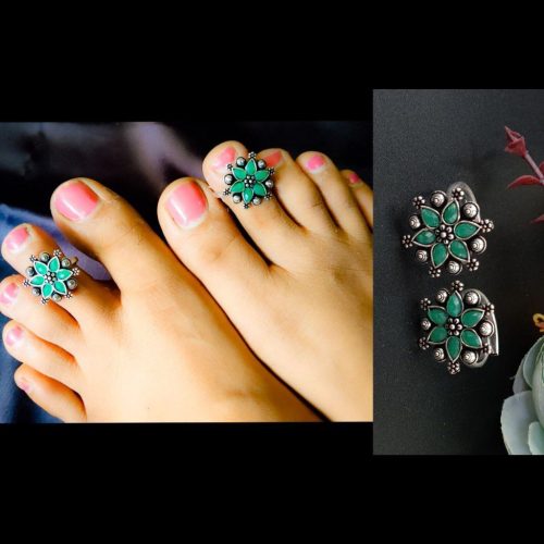 Elegant Flower Oxidised Stone Work Toe Rings for Women - Image 2