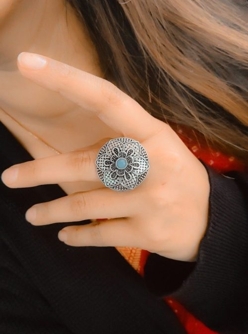 Designer Made Silver Plated Round Oxidised Stone Work Rings - Image 2