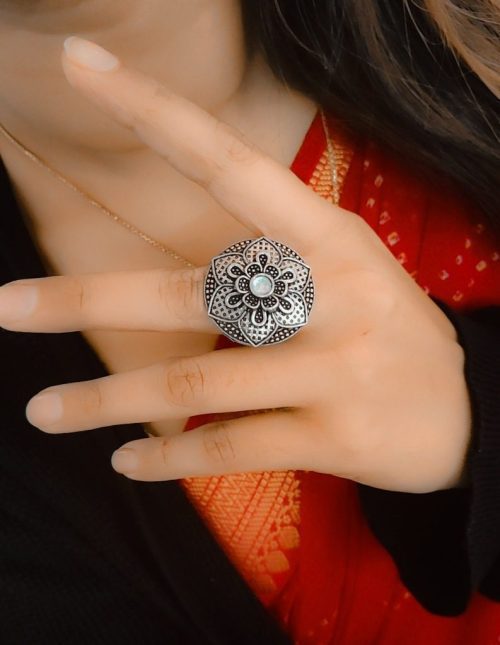 Designer Made Silver Plated Round Oxidised Stone Work Rings - Image 5