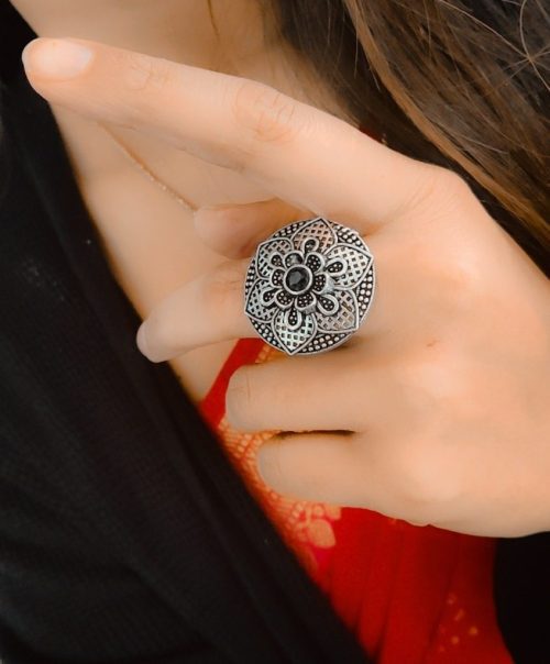 Designer Made Silver Plated Round Oxidised Stone Work Rings - Image 3