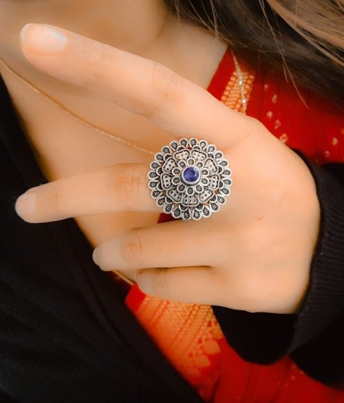 Round Shape Floral Art Oxidised Silver Stone Work Rings - Image 8