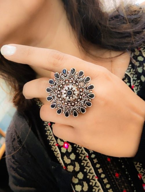 Round Design Oxidised Stone Work Silver Rings for Party Events - Image 4