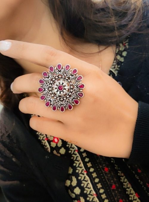 Round Design Oxidised Stone Work Silver Rings for Party Events - Image 2