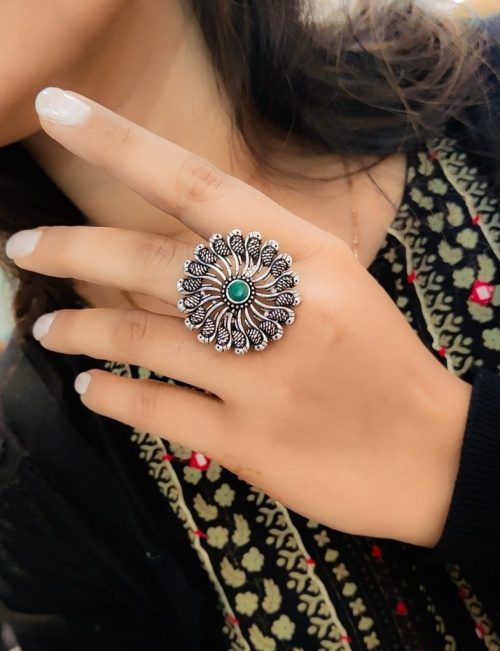 Peacock Design Oxidised Silver Rings for Party Events - Image 3