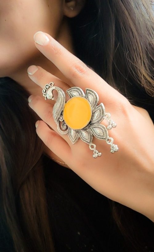 Oxidised Peacock Design Meenakari Rings For Girls - Image 4