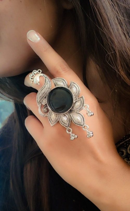 Oxidised Peacock Design Meenakari Rings For Girls - Image 6