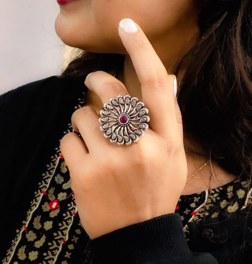 Peacock Design Oxidised Silver Rings for Party Events - Image 2