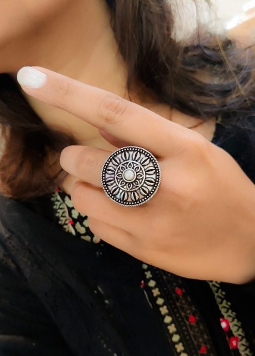 Antique Silver Plated Round Oxidised Stone Work Rings - Image 8