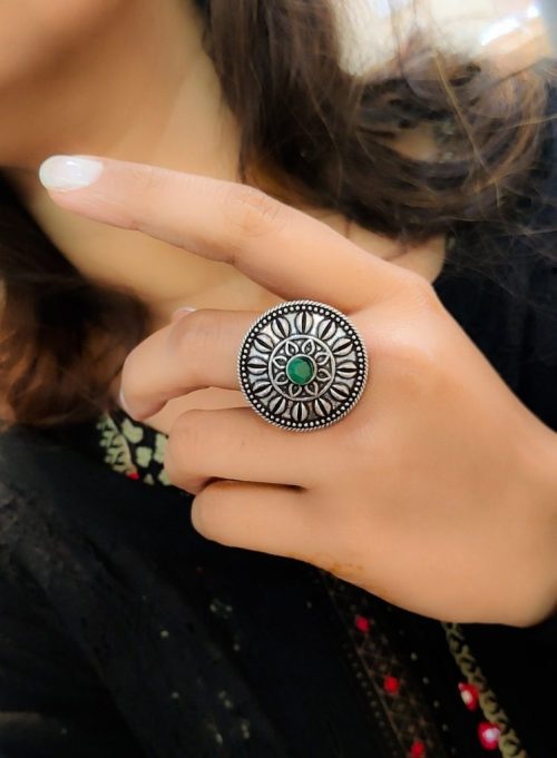 Antique Silver Plated Round Oxidised Stone Work Rings - Image 9