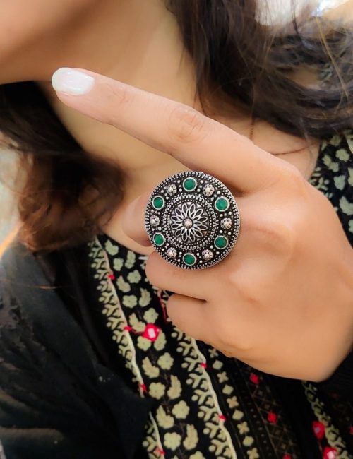 Round Oxidised Stone Work Silver Plated Rings - Image 2