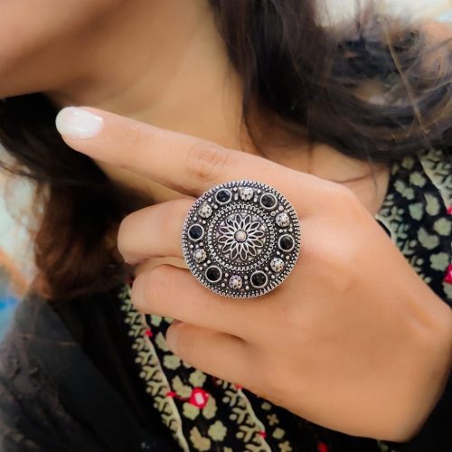 Round Oxidised Stone Work Silver Plated Rings - Image 3