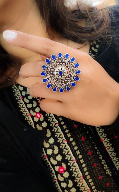 Round Design Oxidised Stone Work Silver Rings for Party Events