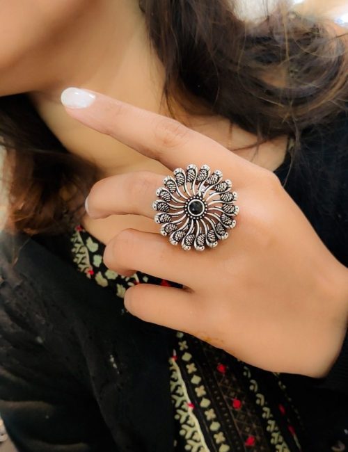Peacock Design Oxidised Silver Rings for Party Events