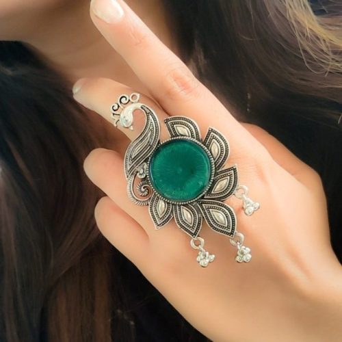 Oxidised Peacock Design Meenakari Rings For Girls - Image 3