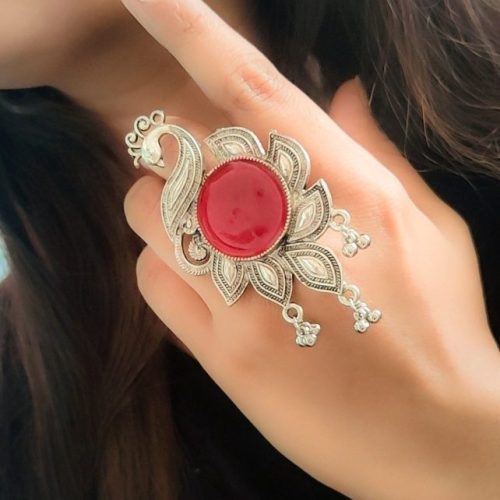 Oxidised Peacock Design Meenakari Rings For Girls