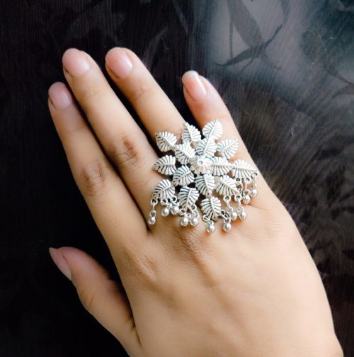 Oxidised Leaf Design Adjustable Size Rings