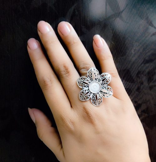 Antique Handcrafted Flower Oxidised Rings For Girls