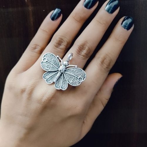 Nature-inspired Oxidised Silver Rings Butterfly Design