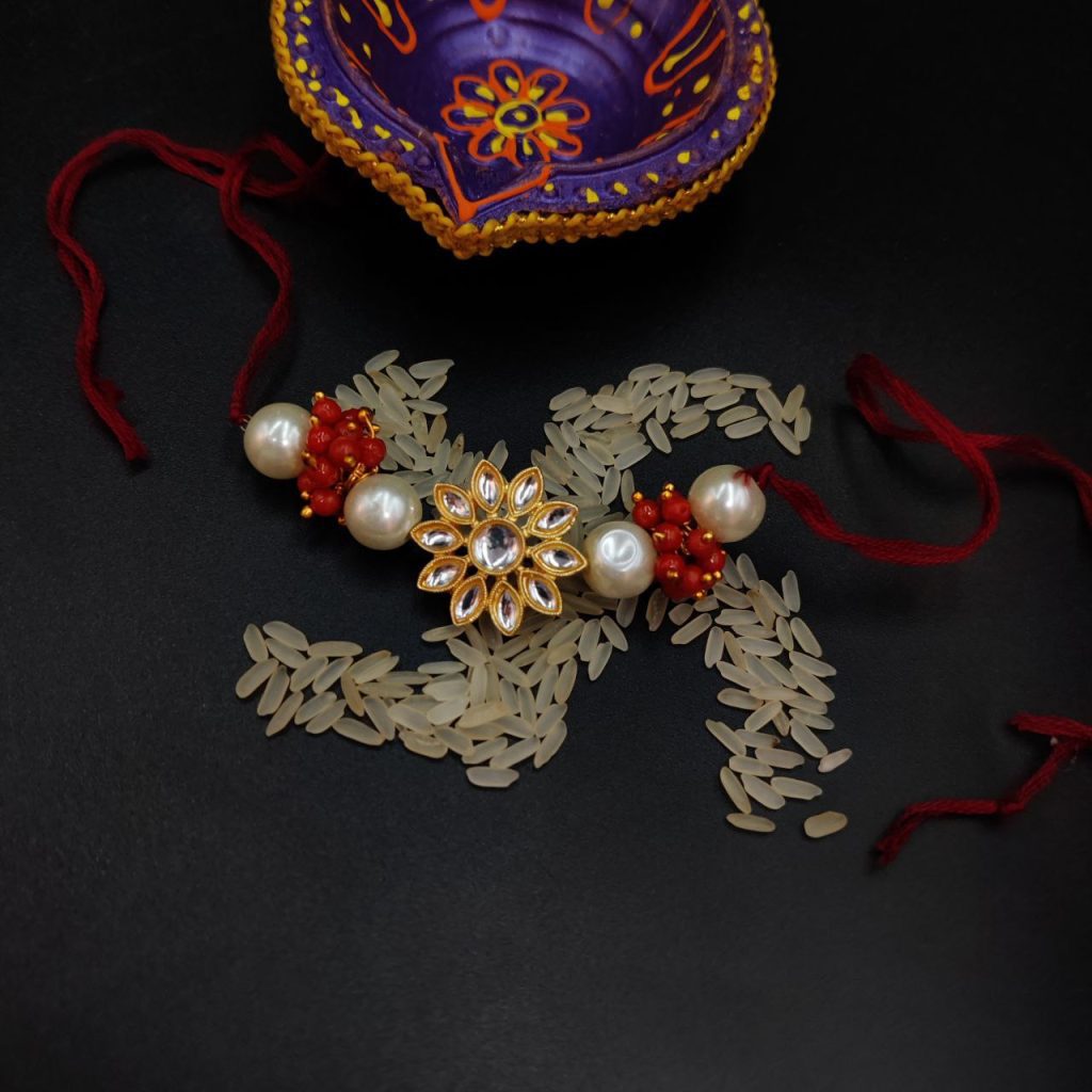 Gold Plated Kundan Bhaiya Rakhi Flower Charms