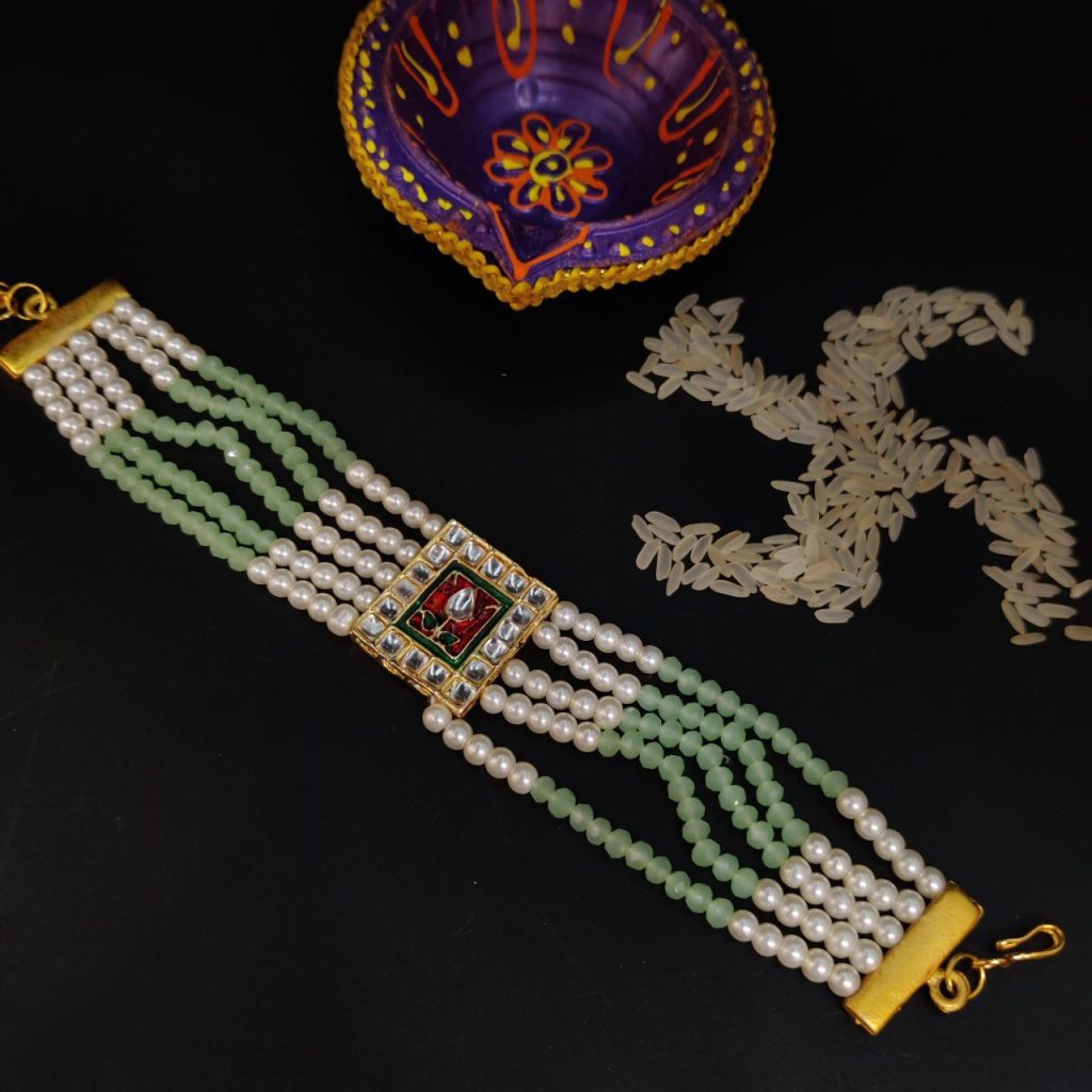 Gold Plated Kundan Pearl Pastel Beads Bhaiya Rakhi Bracelet
