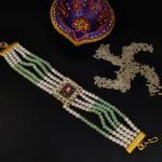 Gold Plated Kundan Pearl Pastel Beads Bhaiya Rakhi Bracelet