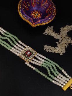 Gold Plated Kundan Pearl Pastel Beads Bhaiya Rakhi Bracelet