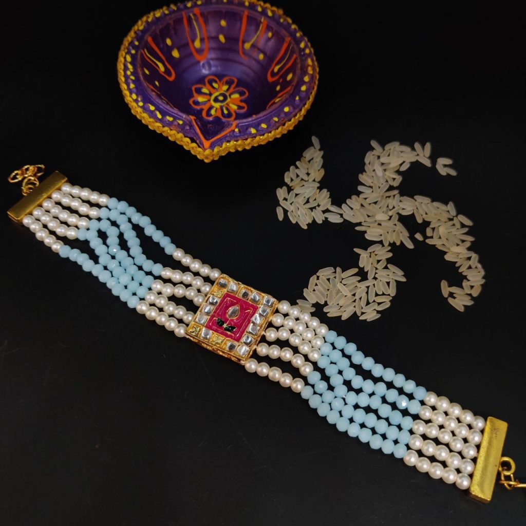 Gold Plated Kundan Pearl Mint Beads Bhaiya Rakhi Bracelet