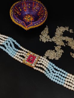 Gold Plated Kundan Pearl Mint Beads Bhaiya Rakhi Bracelet