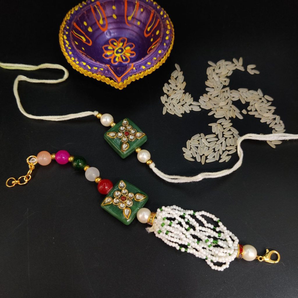 Gold Plated Kundan Pearl Bhaiya Bhabhi Rakhi Bracelet