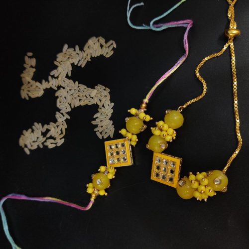 Square Kundan Pearl Yellow Beads Bhaiya Rakhi Bracelet
