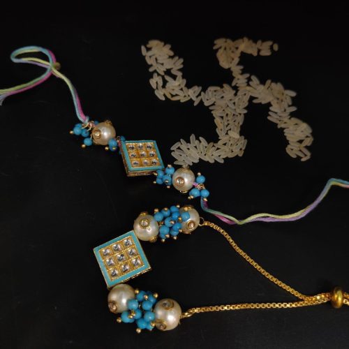 Square Kundan Pearl Firoza Beads Bhaiya Rakhi Bracelet