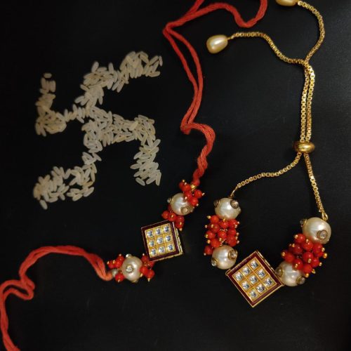 Square Kundan Pearl Red Beads Bhaiya Rakhi Bracelet
