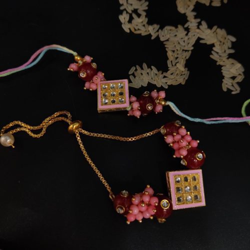 Square Kundan Pearl Yellow Beads Bhaiya Rakhi Bracelet